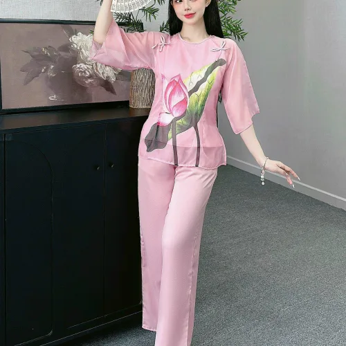 Đồ bộ quần dài áo tay lỡ in hình nhiều hoa sen khác nhau