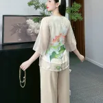 Đồ bộ quần dài áo tay lỡ in hình nhiều hoa sen khác nhau