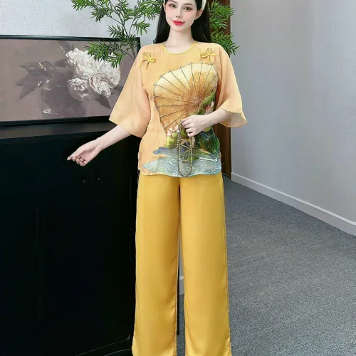 Đồ bộ quần dài áo tay lỡ in hình nhiều hoa sen khác nhau