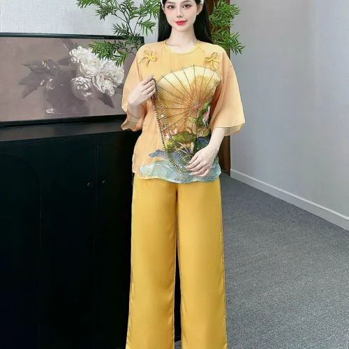 Đồ bộ quần dài áo tay lỡ in hình nhiều hoa sen khác nhau