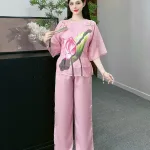 Đồ bộ quần dài áo tay lỡ in hình nhiều hoa sen khác nhau
