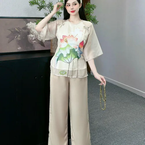 Đồ bộ quần dài áo tay lỡ in hình nhiều hoa sen khác nhau