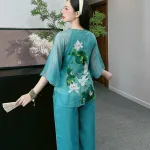 Đồ bộ quần dài áo tay lỡ in hình nhiều hoa sen khác nhau