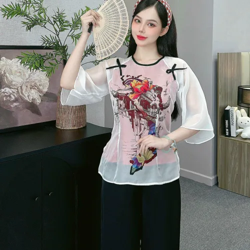 Đồ bộ quần dài áo tay lỡ in hình nhiều hoa sen khác nhau
