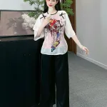 Đồ bộ quần dài áo tay lỡ in hình nhiều hoa sen khác nhau