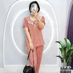 Đồ bộ quần dài áo tay ngắn bèo cổ bèo nơ caro ô