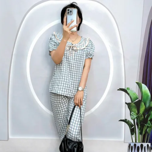 Đồ bộ quần dài áo tay ngắn bèo cổ bèo nơ caro ô