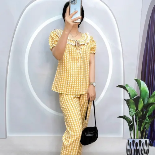 Đồ bộ quần dài áo tay ngắn bèo cổ bèo nơ caro ô