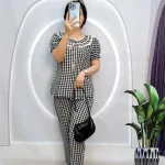Đồ bộ quần dài áo tay ngắn bèo cổ bèo nơ caro ô