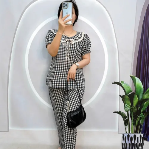 Đồ bộ quần dài áo tay ngắn bèo cổ bèo nơ caro ô