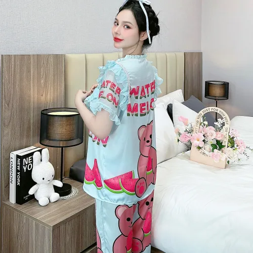 Đồ bộ quần dài áo tay ngắn bèo cổ voan ống quần voan in nhiều hình