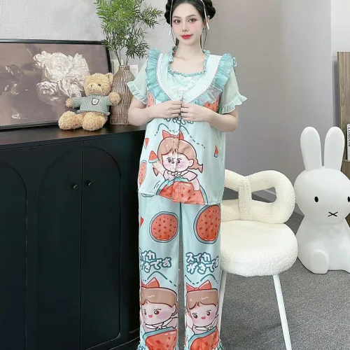 Đồ bộ quần dài áo tay ngắn bèo cổ voan ống quần voan in nhiều hình