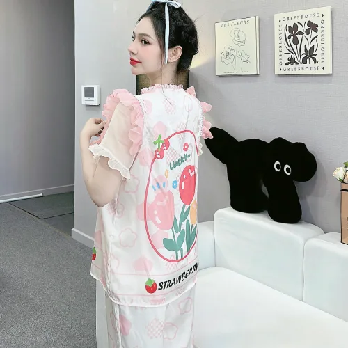 Đồ bộ quần dài áo tay ngắn bèo cổ voan ống quần voan in nhiều hình