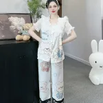 Đồ bộ quần dài áo tay ngắn bèo cổ voan ống quần voan in nhiều hình