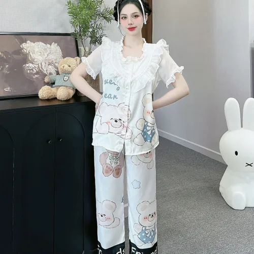 Đồ bộ quần dài áo tay ngắn bèo cổ voan ống quần voan in nhiều hình