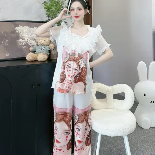 Đồ bộ quần dài áo tay ngắn bèo cổ voan ống quần voan in nhiều hình