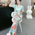 Đồ bộ quần dài áo tay ngắn bèo cổ voan ống quần voan in nhiều hình