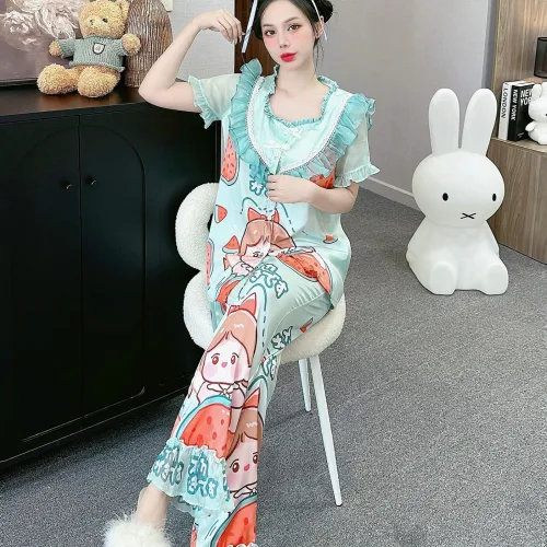 Đồ bộ quần dài áo tay ngắn bèo cổ voan ống quần voan in nhiều hình
