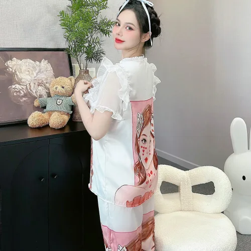 Đồ bộ quần dài áo tay ngắn bèo cổ voan ống quần voan in nhiều hình