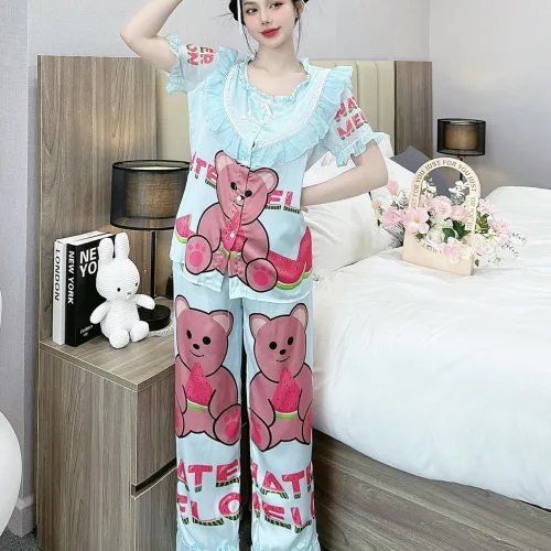 Đồ bộ quần dài áo tay ngắn bèo cổ voan ống quần voan in nhiều hình