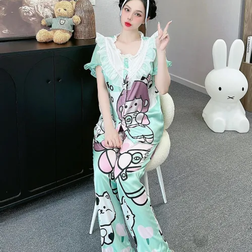 Đồ bộ quần dài áo tay ngắn bèo cổ voan ống quần voan in nhiều hình