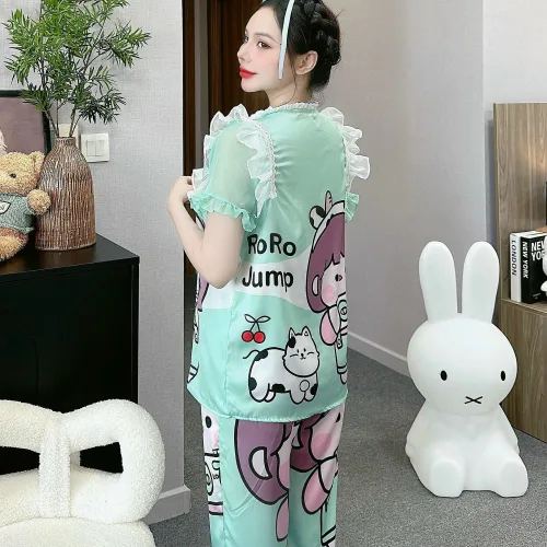 Đồ bộ quần dài áo tay ngắn bèo cổ voan ống quần voan in nhiều hình