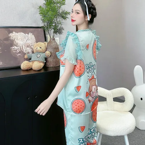 Đồ bộ quần dài áo tay ngắn bèo cổ voan ống quần voan in nhiều hình