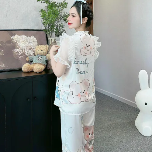 Đồ bộ quần dài áo tay ngắn bèo cổ voan ống quần voan in nhiều hình