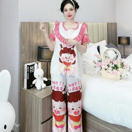 Đồ bộ quần dài áo tay ngắn bèo cổ voan ống quần voan in nhiều hình