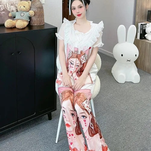 Đồ bộ quần dài áo tay ngắn bèo cổ voan ống quần voan in nhiều hình