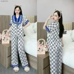 Đồ bộ quần dài áo tay ngắn cổ viền nơ in nhiều hoạ tiết khác nhau