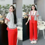 Đồ bộ quần dài áo tay ngắn cổ viền nơ in nhiều hoạ tiết khác nhau