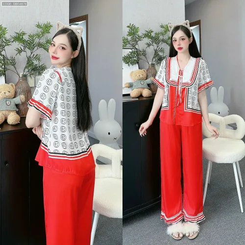 Đồ bộ quần dài áo tay ngắn cổ viền nơ in nhiều hoạ tiết khác nhau