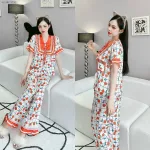 Đồ bộ quần dài áo tay ngắn cổ viền nơ in nhiều hoạ tiết khác nhau