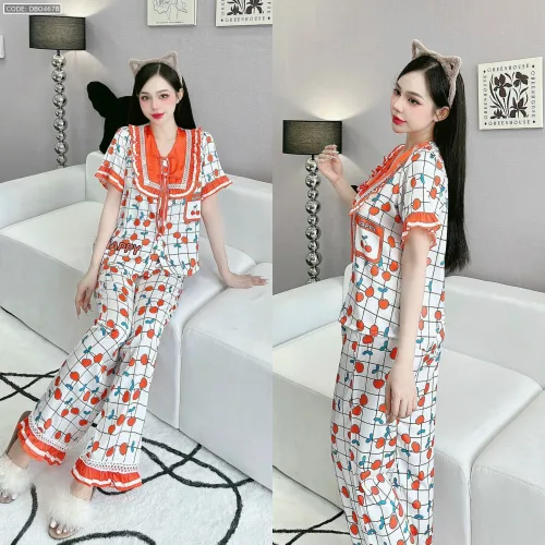 Đồ bộ quần dài áo tay ngắn cổ viền nơ in nhiều hoạ tiết khác nhau