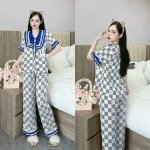 Đồ bộ quần dài áo tay ngắn cổ viền nơ in nhiều hoạ tiết khác nhau