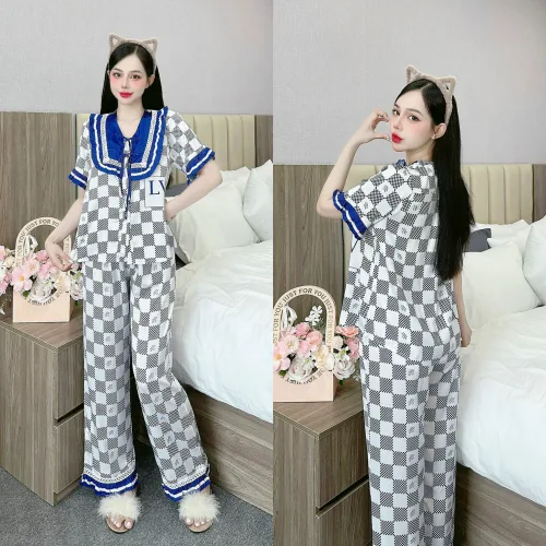 Đồ bộ quần dài áo tay ngắn cổ viền nơ in nhiều hoạ tiết khác nhau