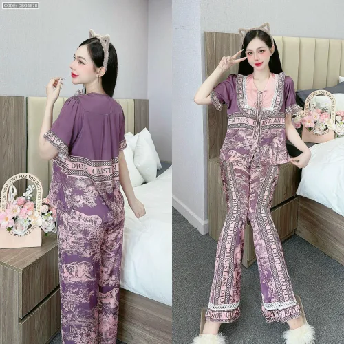 Đồ bộ quần dài áo tay ngắn cổ viền nơ in nhiều hoạ tiết khác nhau