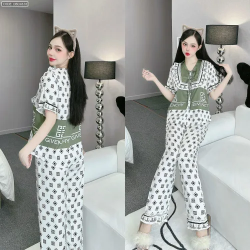 Đồ bộ quần dài áo tay ngắn cổ viền nơ in nhiều hoạ tiết khác nhau