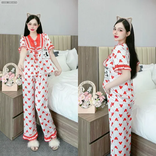 Đồ bộ quần dài áo tay ngắn cổ viền nơ in nhiều hoạ tiết khác nhau
