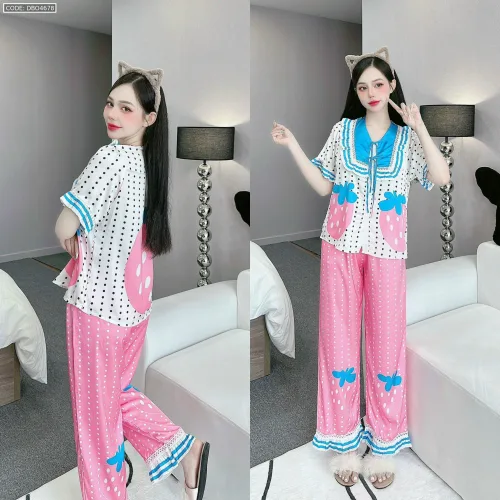 Đồ bộ quần dài áo tay ngắn cổ viền nơ in nhiều hoạ tiết khác nhau