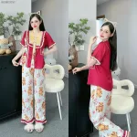 Đồ bộ quần dài áo tay ngắn cổ viền nơ in nhiều hoạ tiết khác nhau