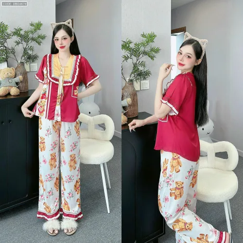 Đồ bộ quần dài áo tay ngắn cổ viền nơ in nhiều hoạ tiết khác nhau