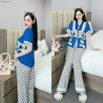 Đồ bộ quần dài áo tay ngắn cổ viền nơ in nhiều hoạ tiết khác nhau