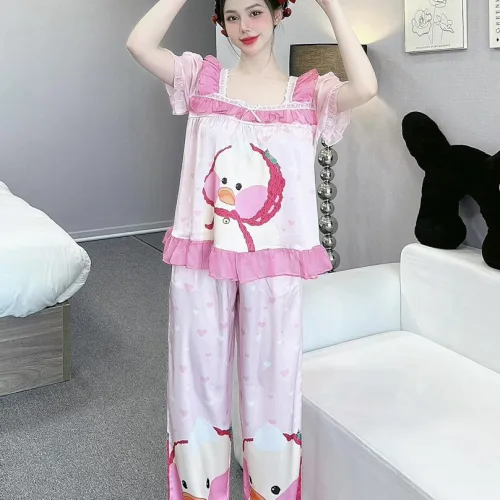 Đồ bộ quần dài áo tay ngắn cổ vuông bèo tay xếp in nhiều hình dễ thương