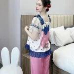 Đồ bộ quần dài áo tay ngắn cổ vuông bèo tay xếp in nhiều hình dễ thương