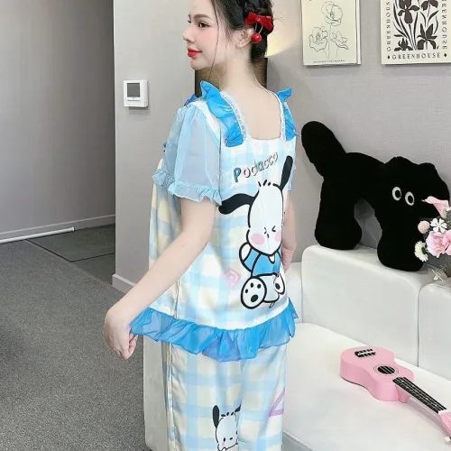 Đồ bộ quần dài áo tay ngắn cổ vuông bèo tay xếp in nhiều hình dễ thương