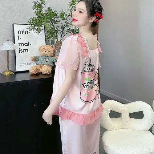 Đồ bộ quần dài áo tay ngắn cổ vuông bèo tay xếp in nhiều hình dễ thương