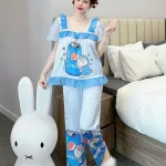 Đồ bộ quần dài áo tay ngắn cổ vuông bèo tay xếp in nhiều hình dễ thương