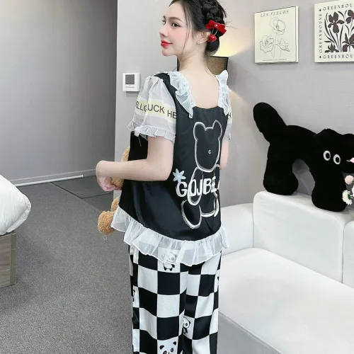 Đồ bộ quần dài áo tay ngắn cổ vuông bèo tay xếp in nhiều hình dễ thương